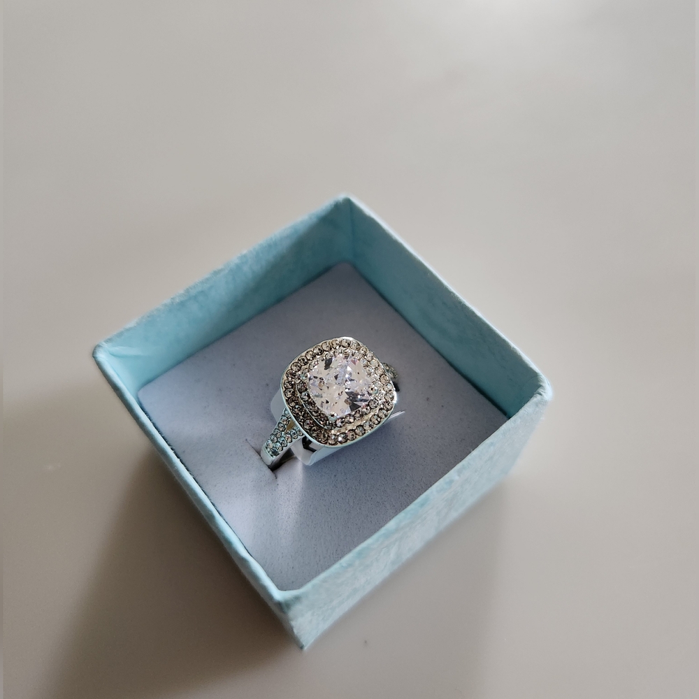 Silver Tone Cushion Cut Cubic Zirconia Ring